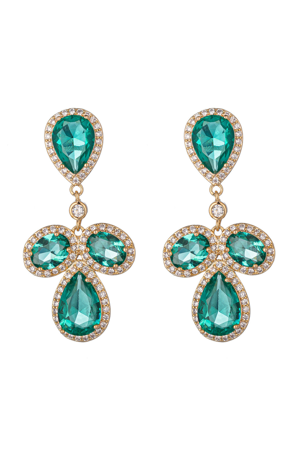 Gold tone brass statement earrings studded with green CZ crystals.