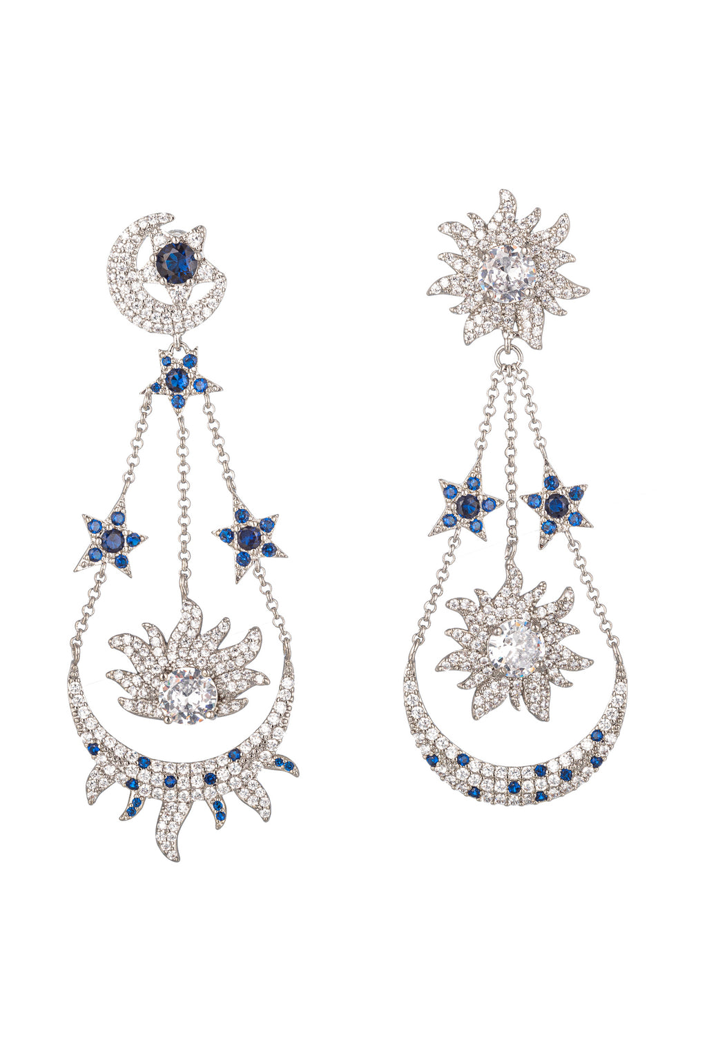 Silver brass sun and moon drop earrings studded with CZ crystals. 