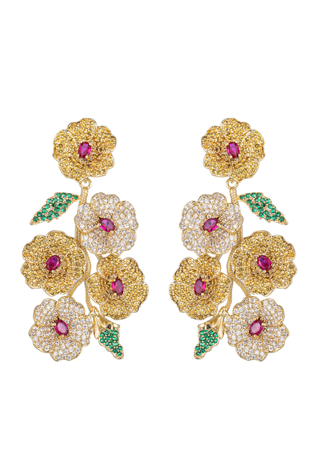 Gold brass flower drop earrings studded with multicolored CZ crystals.