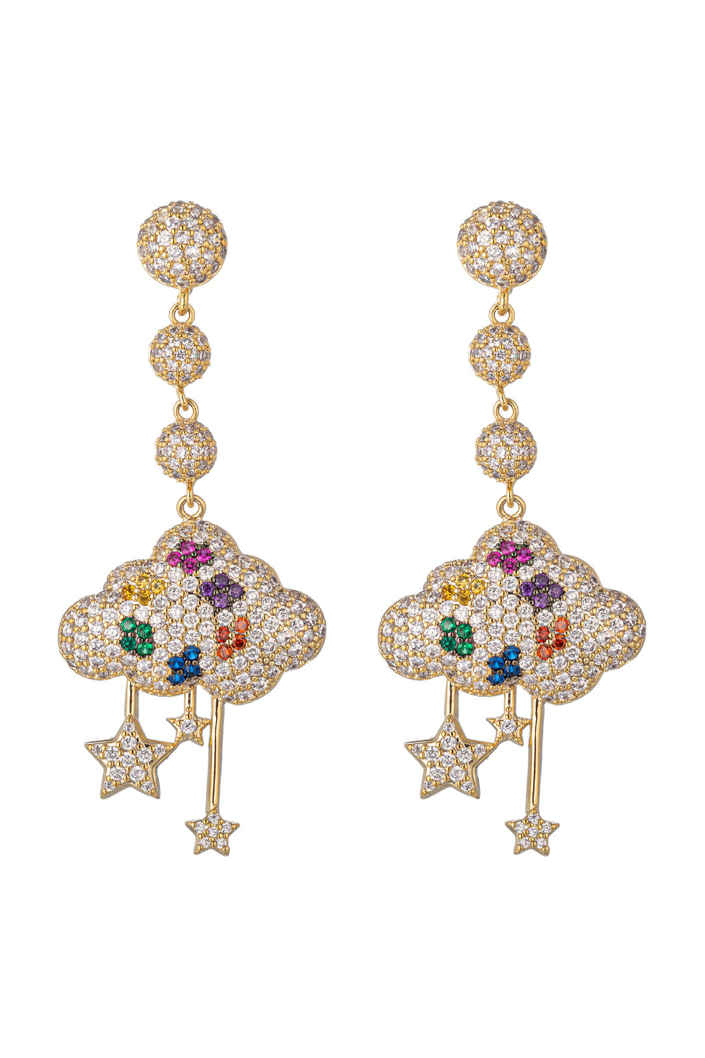 Gold tone brass rain cloud drop earrings studded with CZ crystals. 