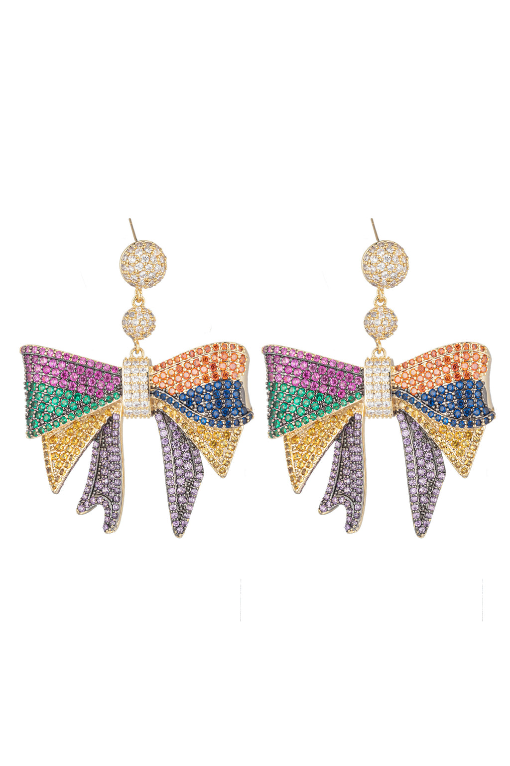 Gold tone brass bow earrings studded with rainbow CZ crystals.