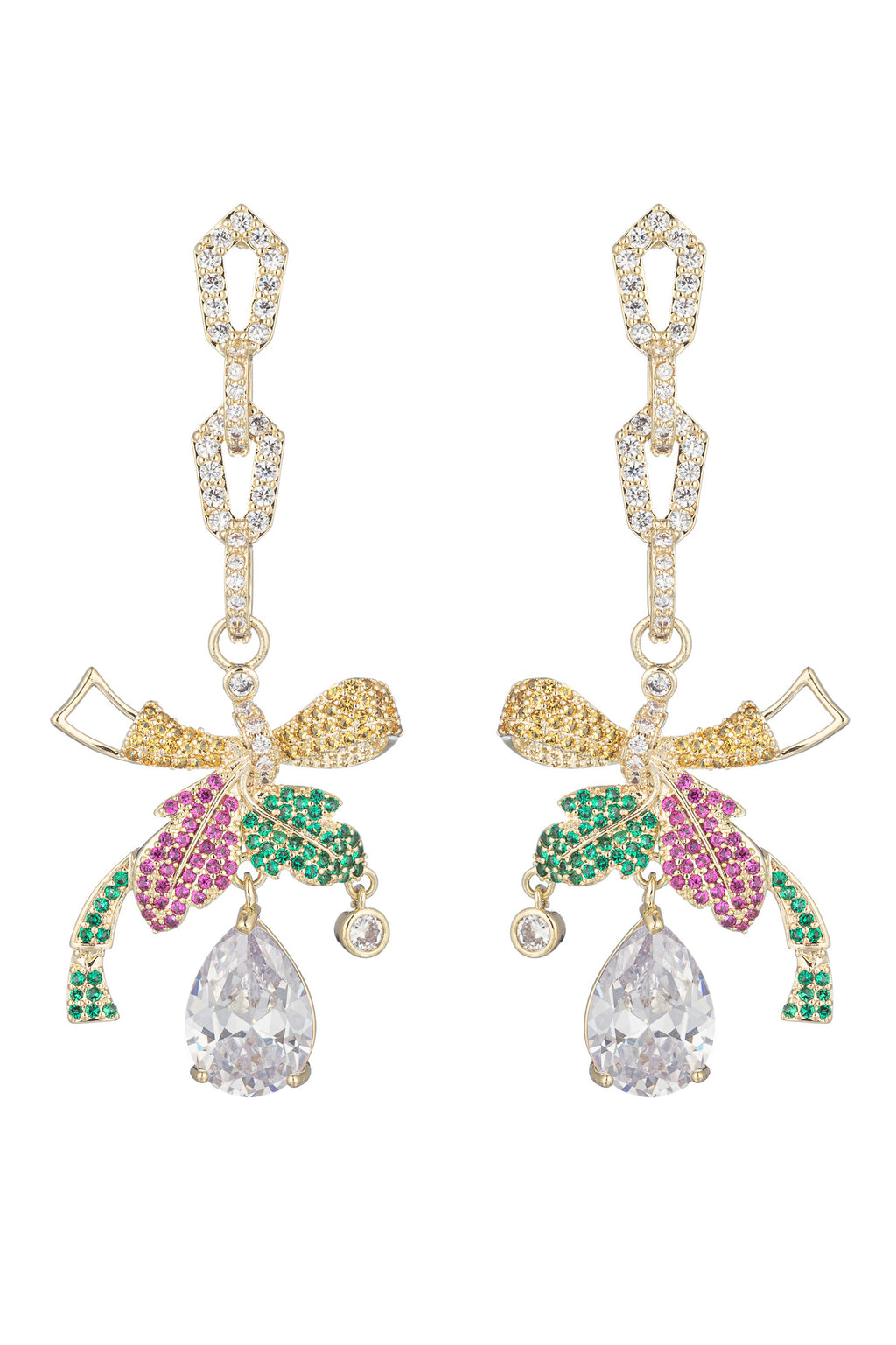 Gold tone brass bow earrings studded with rainbow CZ crystals.