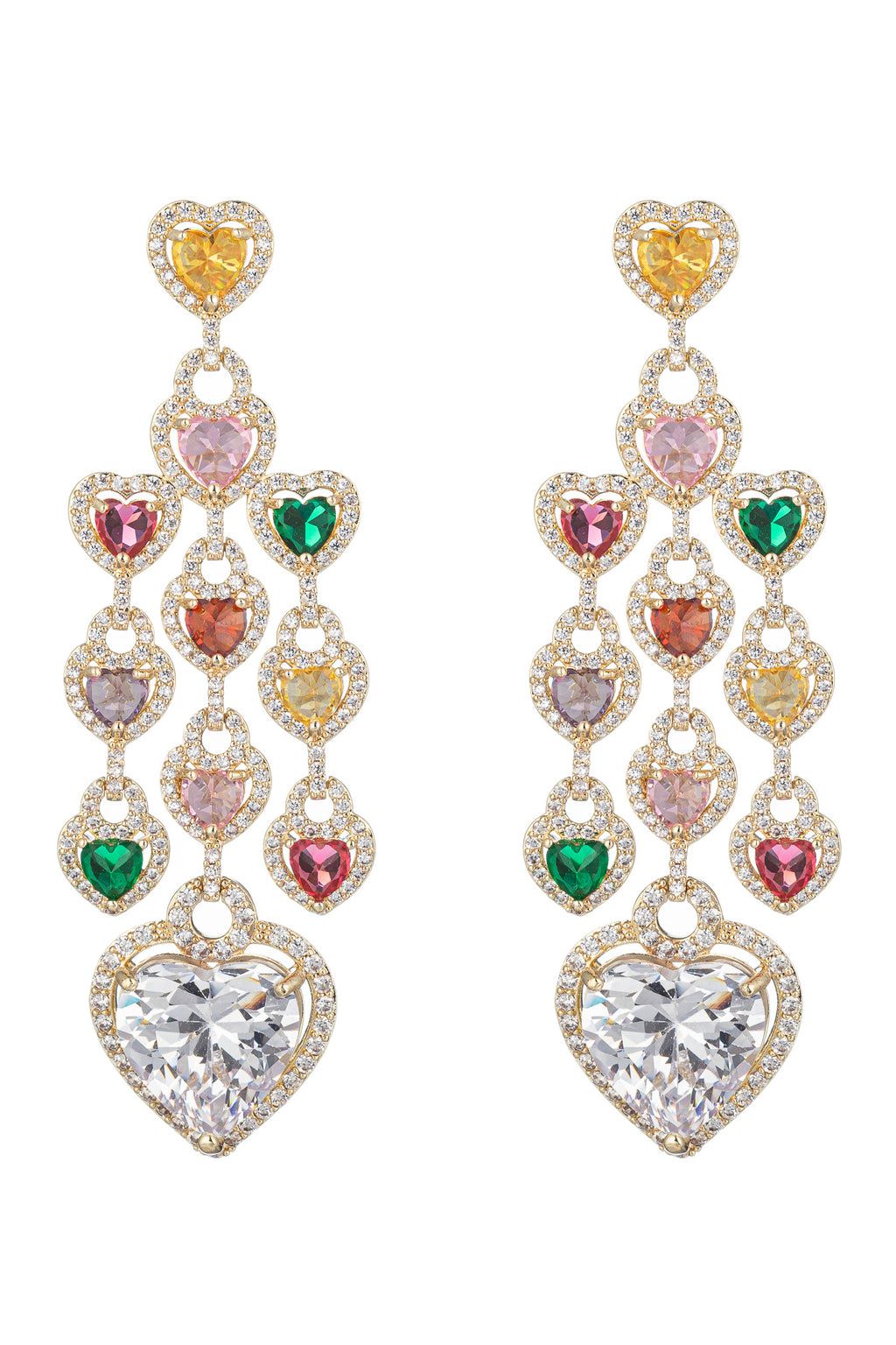 Gold tone brass heart pendant earrings studded with CZ crystals.