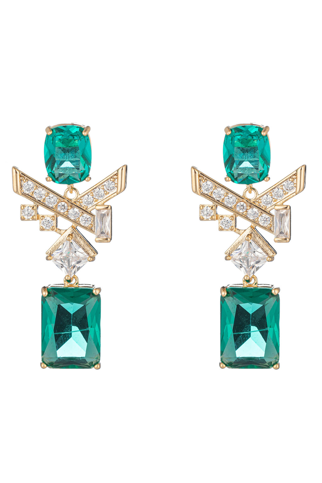 Gold tone brass dangle earrings studded with green CZ crystals.