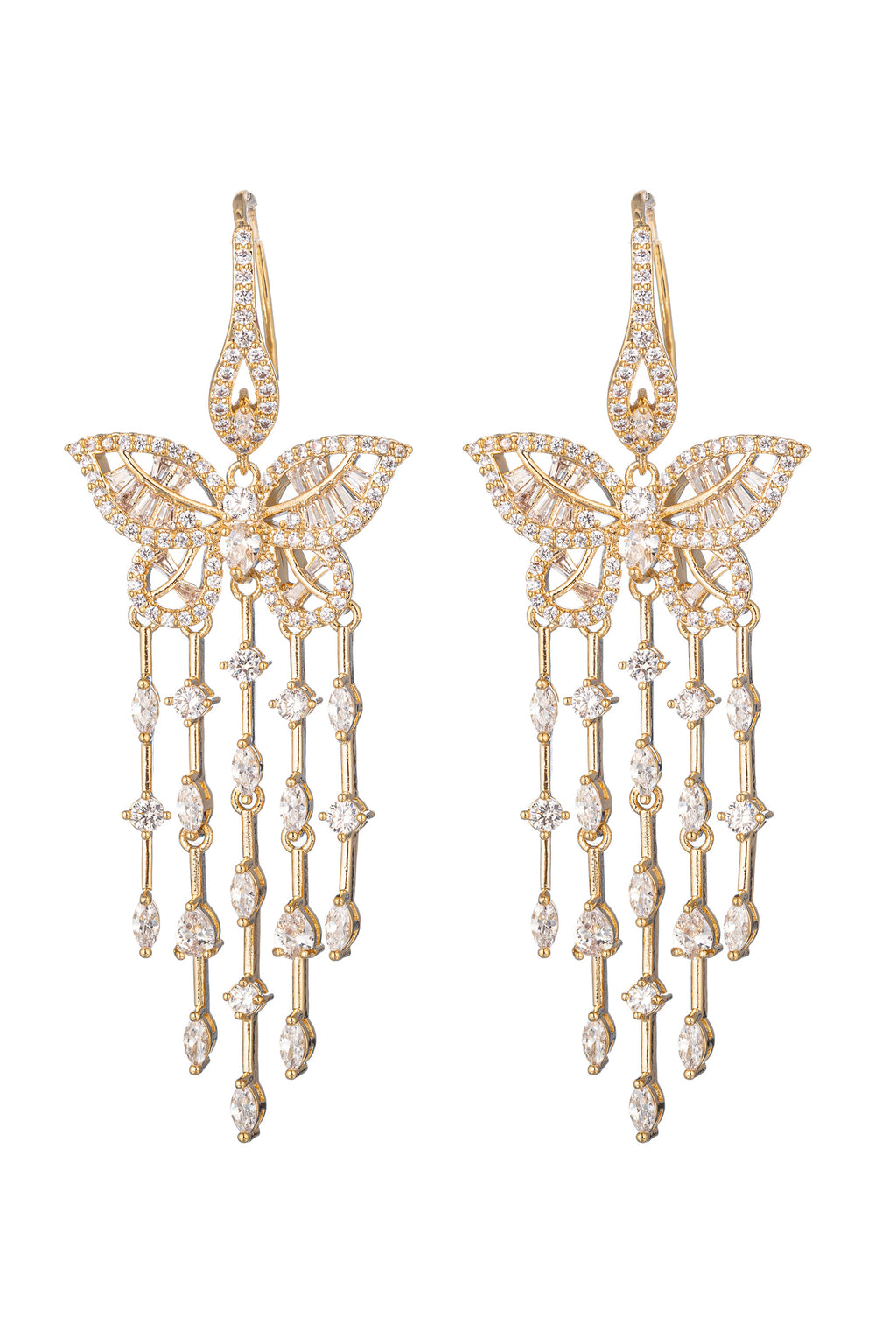 Gold tone brass butterfly earrings studded with CZ crystals.