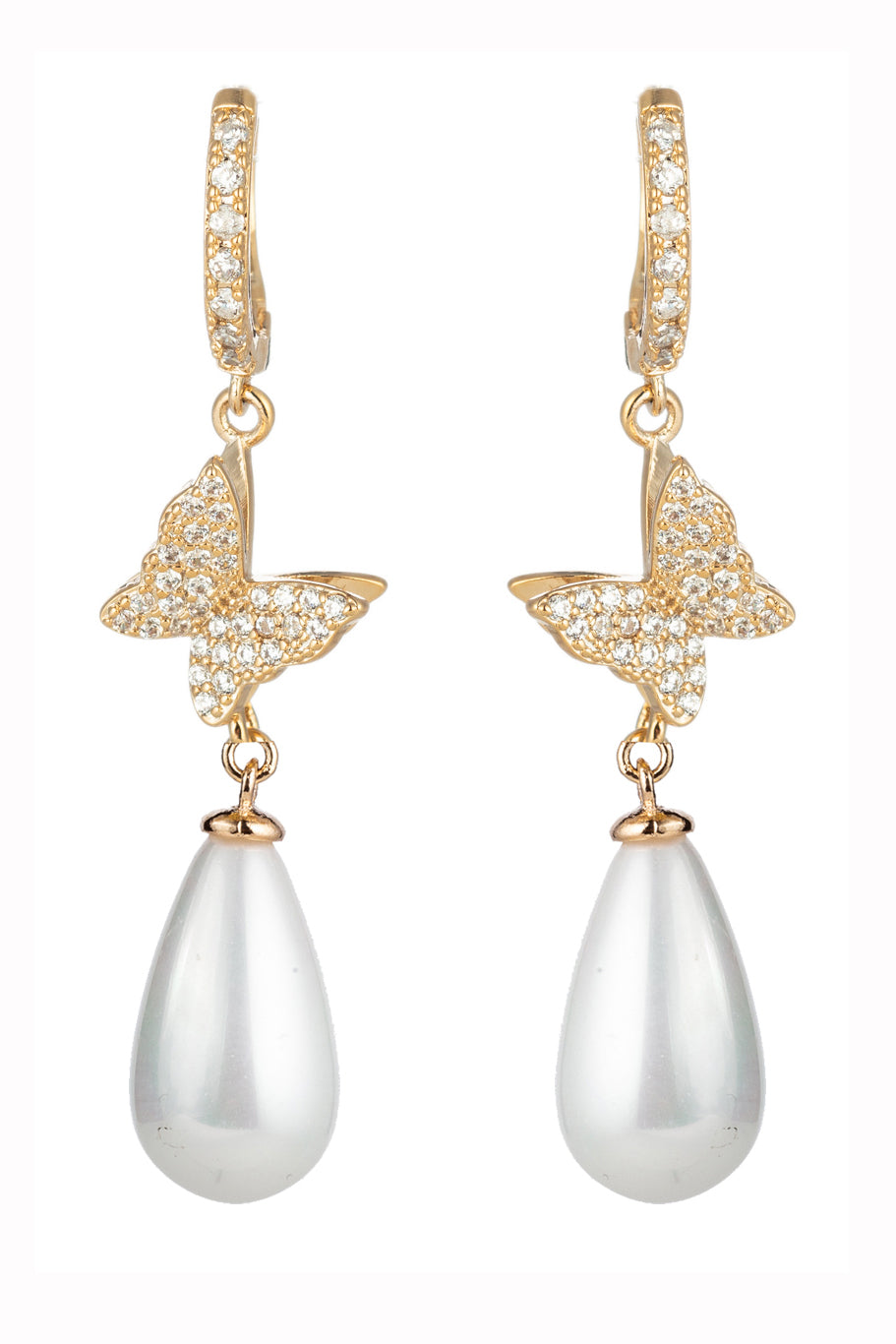18k gold plated mini butterfly drop earrings with shell pearls.