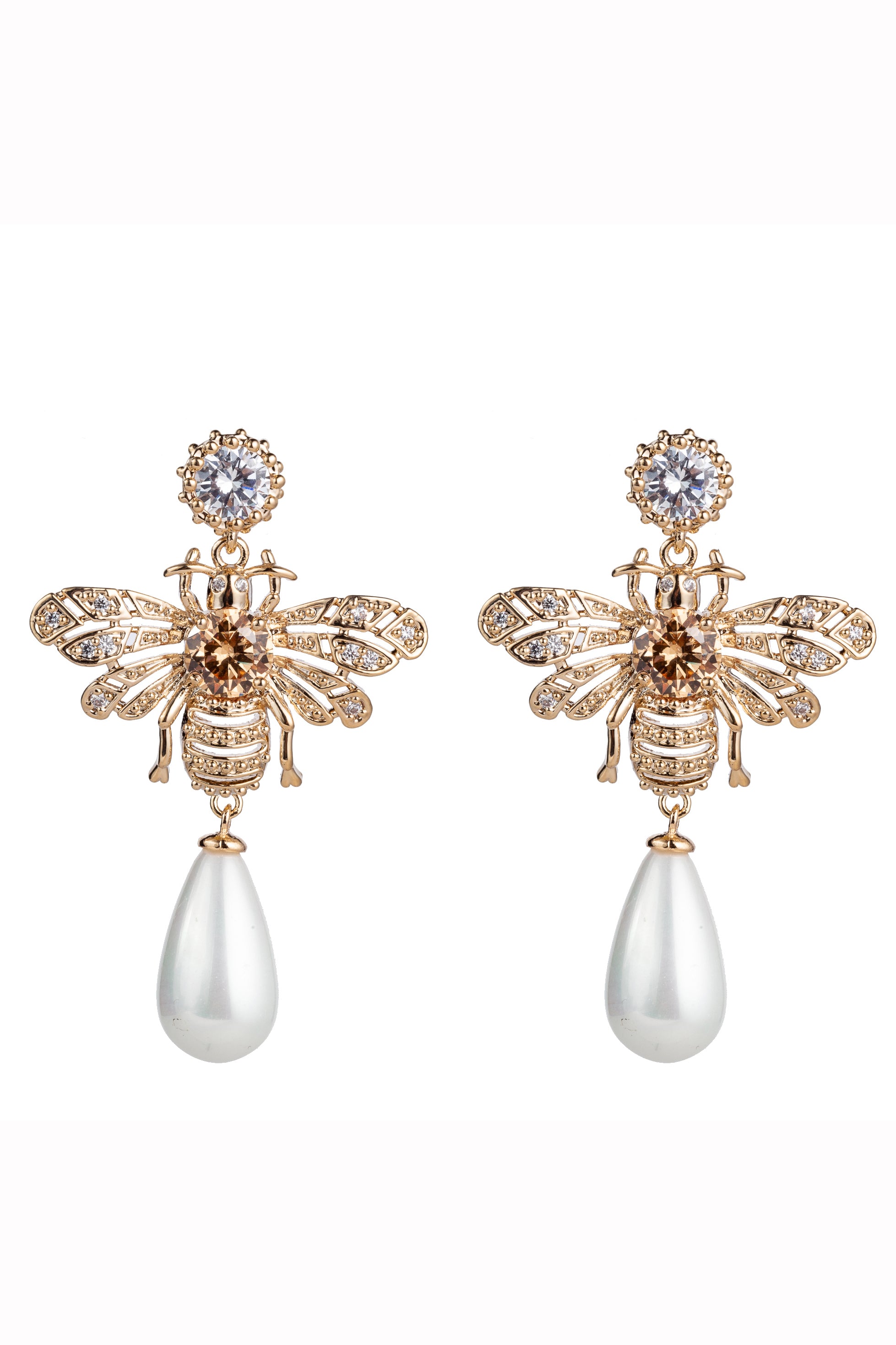 18k gold plated bee earrings with shell pearls.