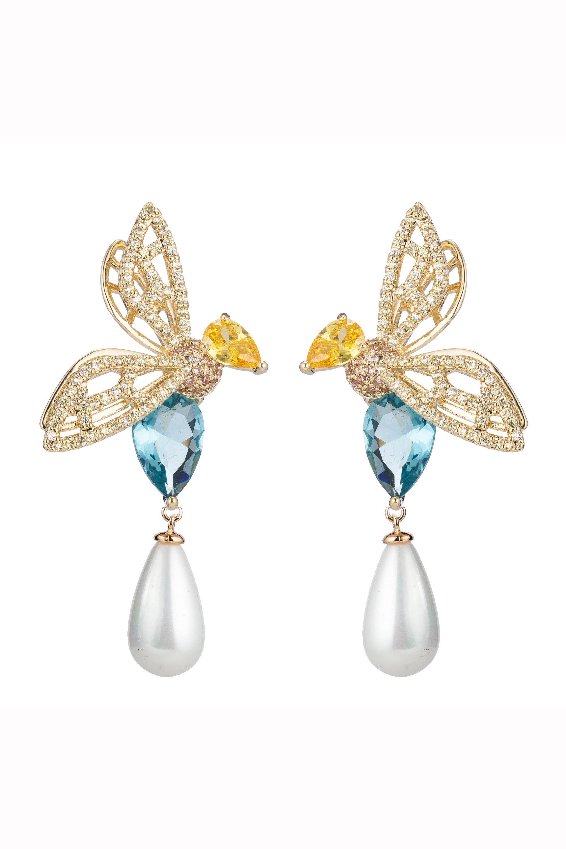 18k gold plated bee earrings with shell pearls.