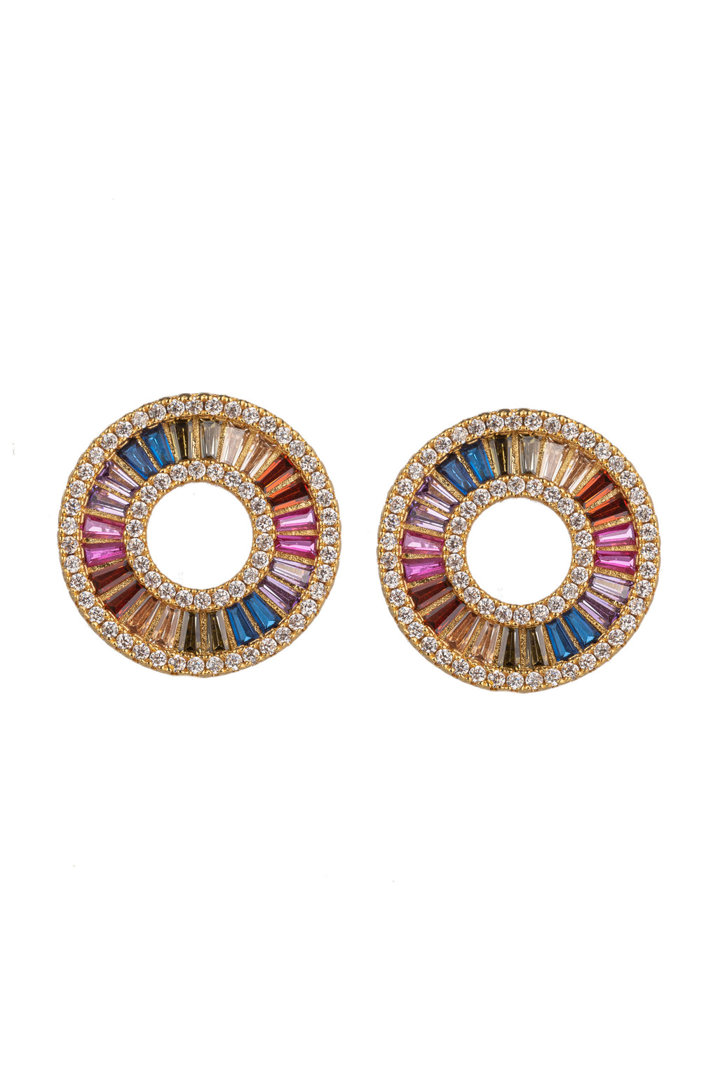 18k gold plated rainbow stud earrings studded with CZ crystals.