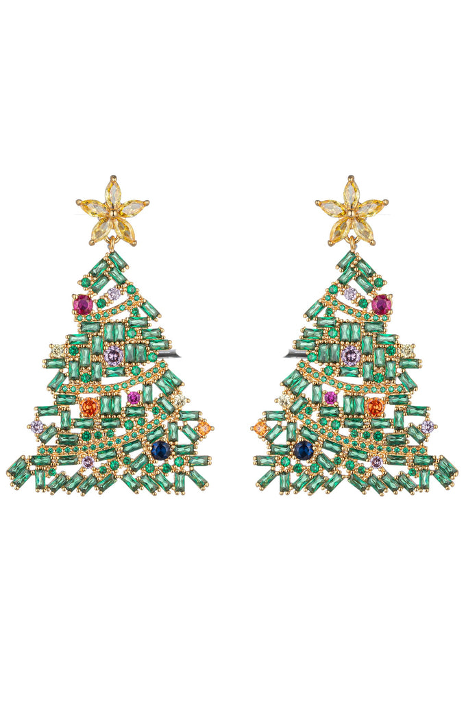 Green Christmas Tree Cubic Zirconia Drop Earrings: Festive Sparkle for the Holidays.