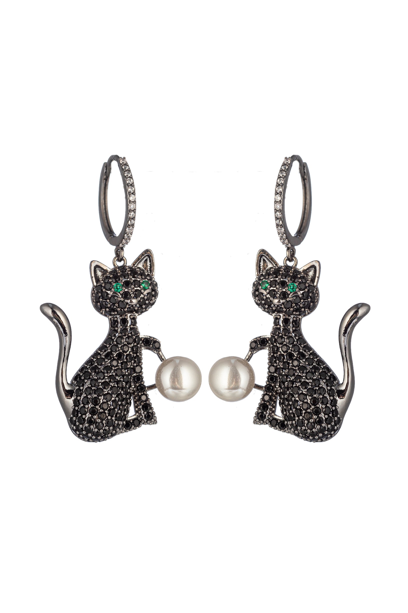 Black cat pendant earrings studded with CZ crystals.