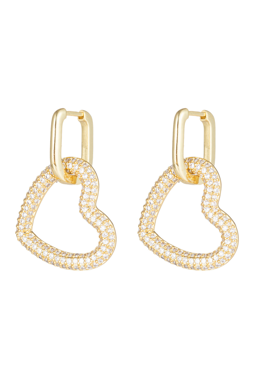 Double heart 18k gold plated earrings studded with CZ crystals.