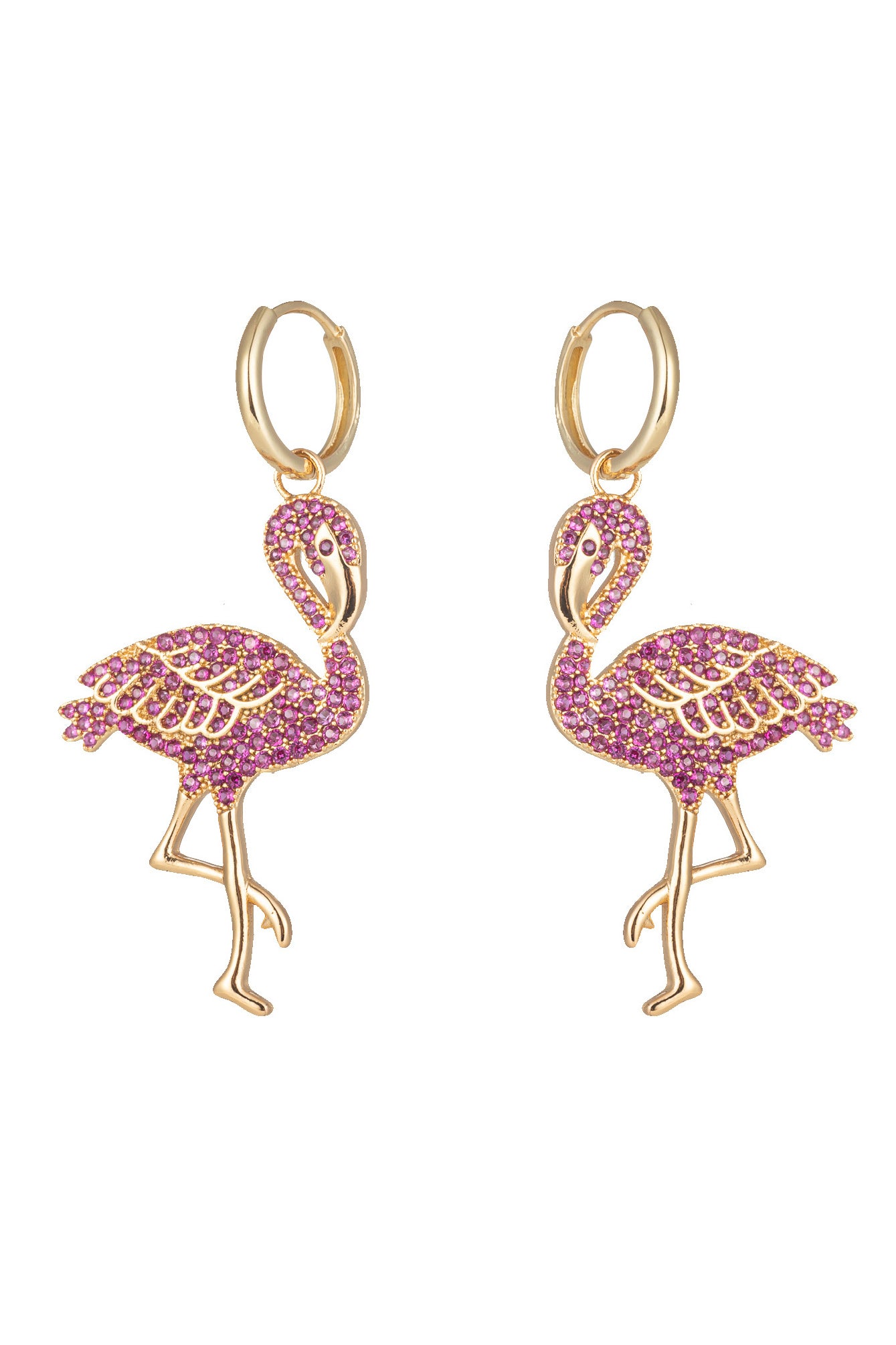 18k gold plated flamingo huggie earrings studded with CZ crystals.