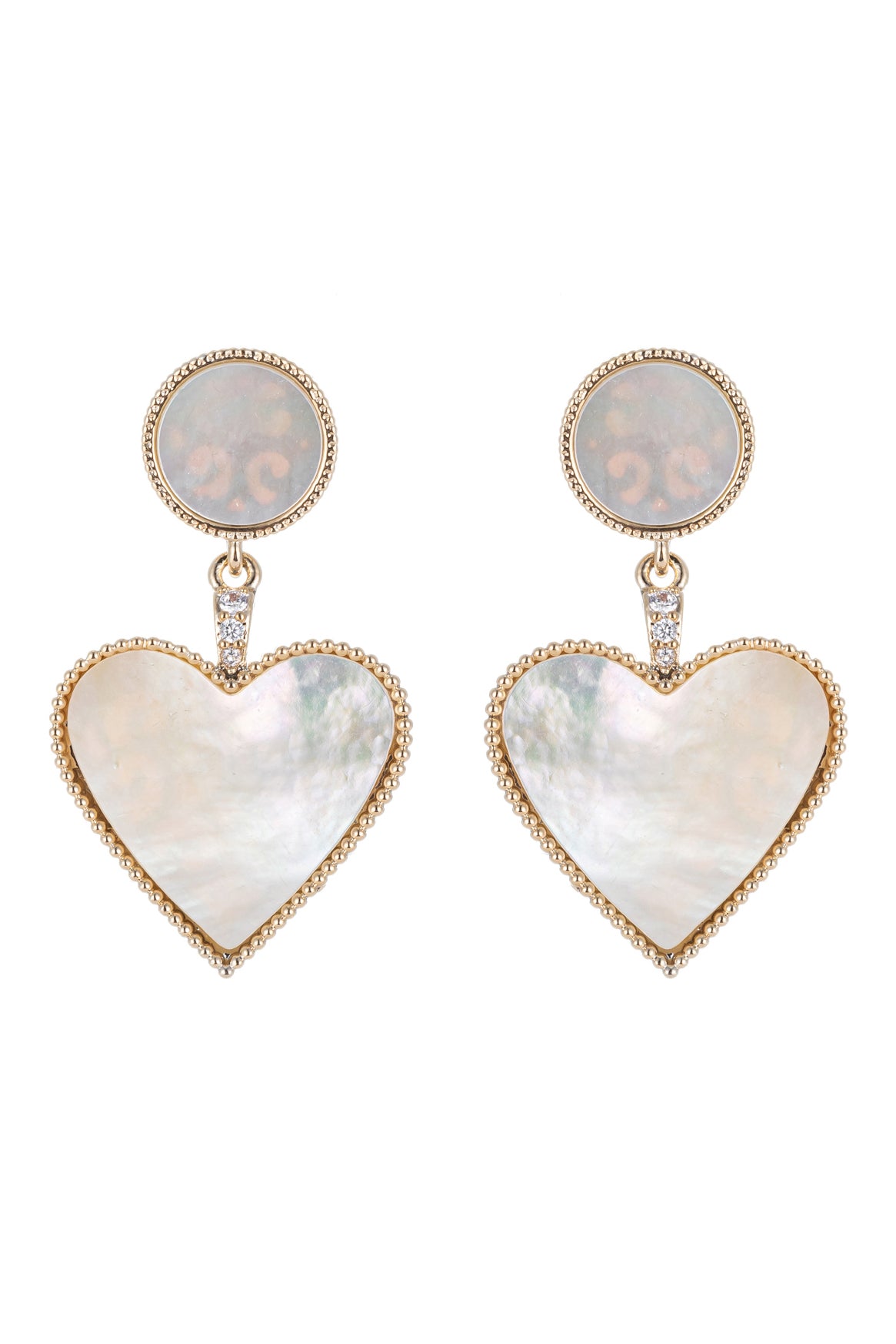 Shell pearl heart earrings studded with CZ crystals.