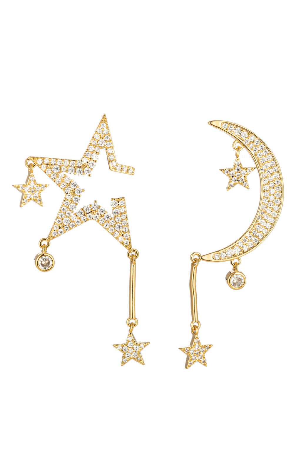 Star and crescent moon earrings studded with CZ crystals.