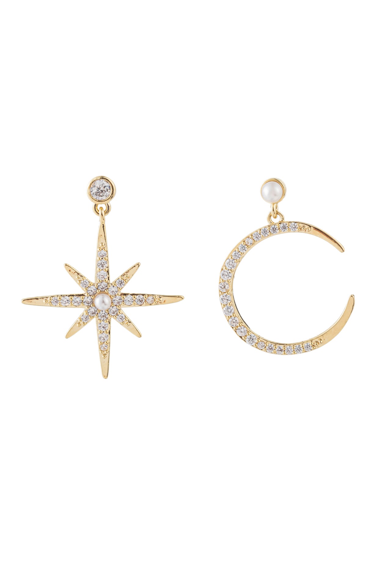 North Star and Crescent Moon dangle earrings filled with CZ crystals.