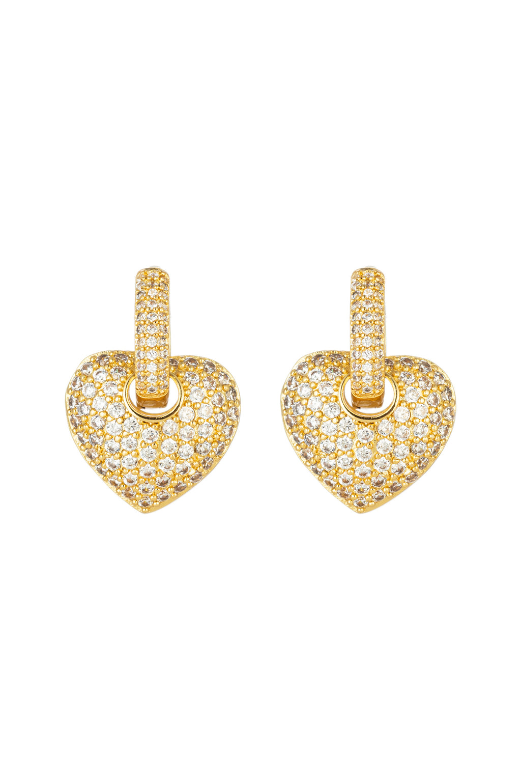Golden hearts huggie earrings with CZ crystals.