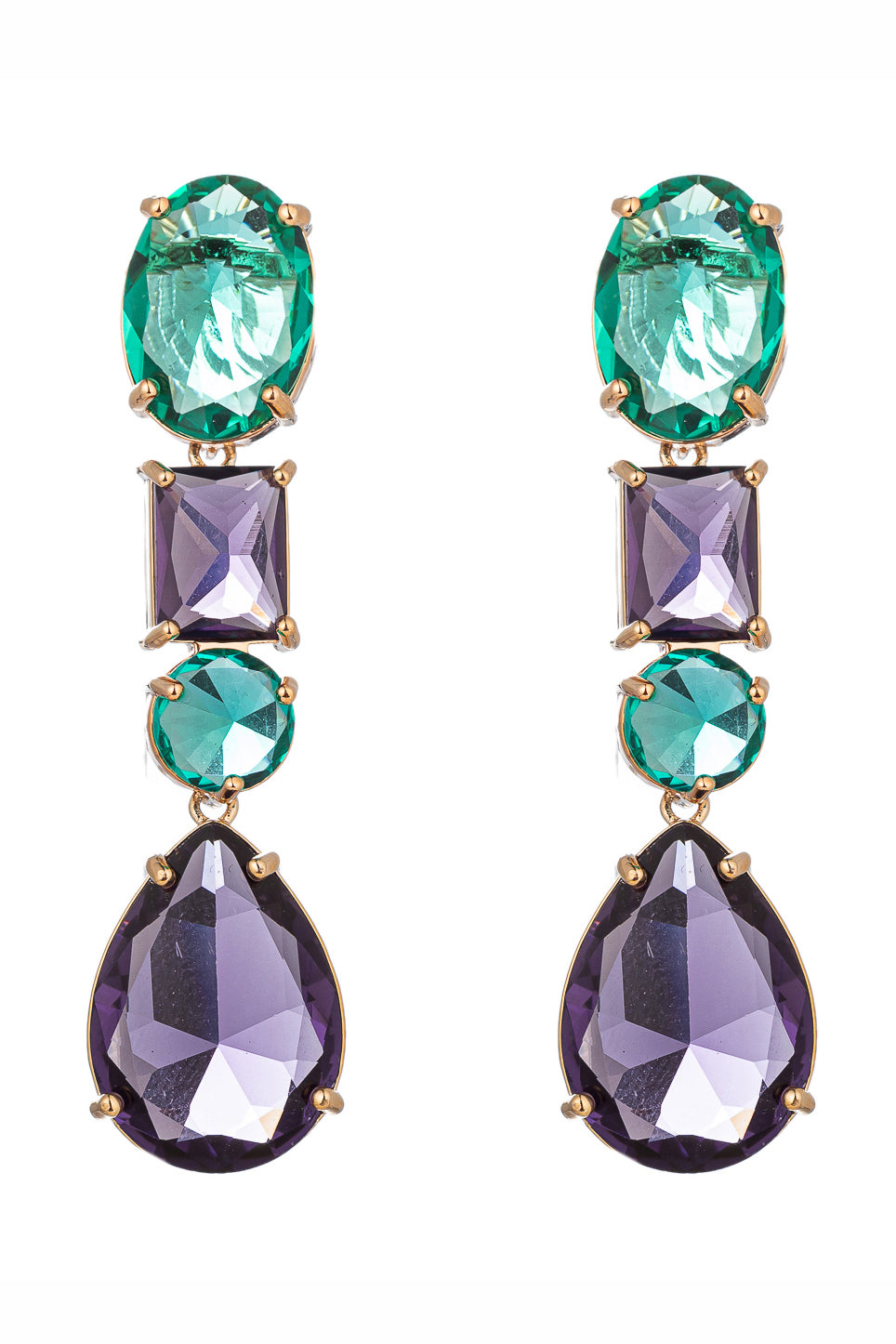 Gold tone brass drop earrings with green and purple CZ crystals.