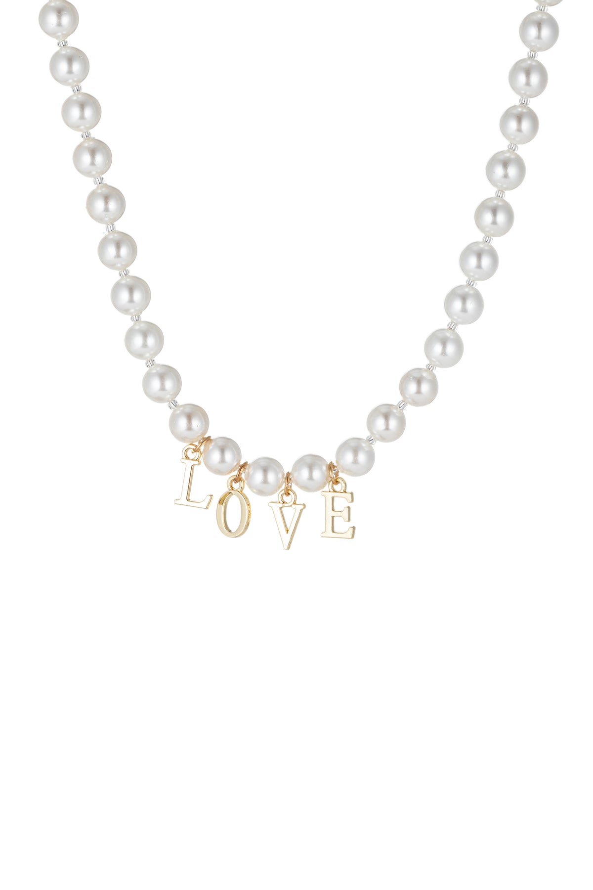 Shell pearl necklace with pendant that says "LOVE".