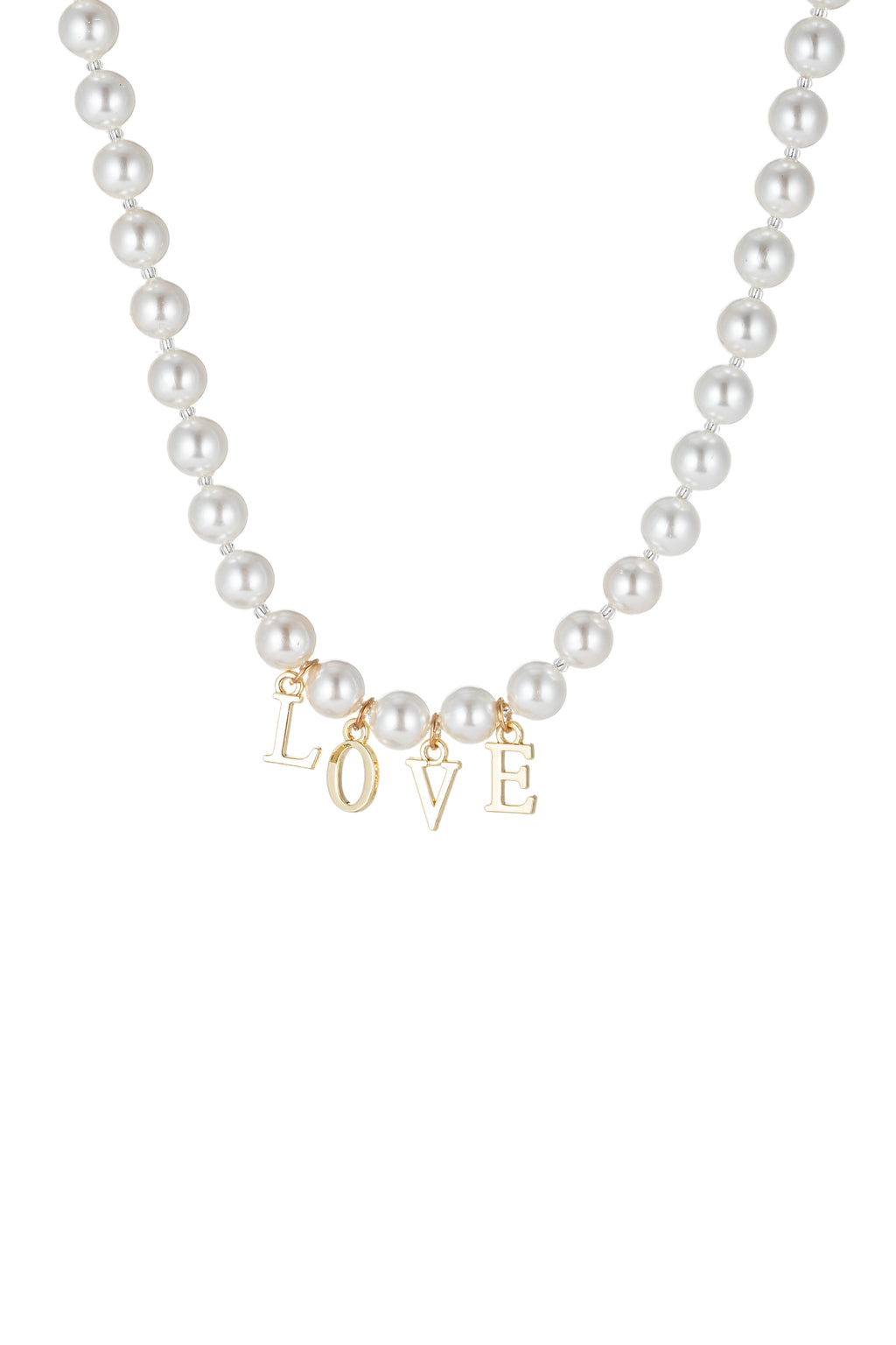 Shell pearl necklace with pendant that says "LOVE". 