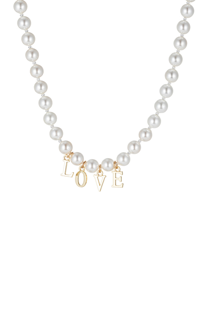 Shell pearl necklace with pendant that says "LOVE". 