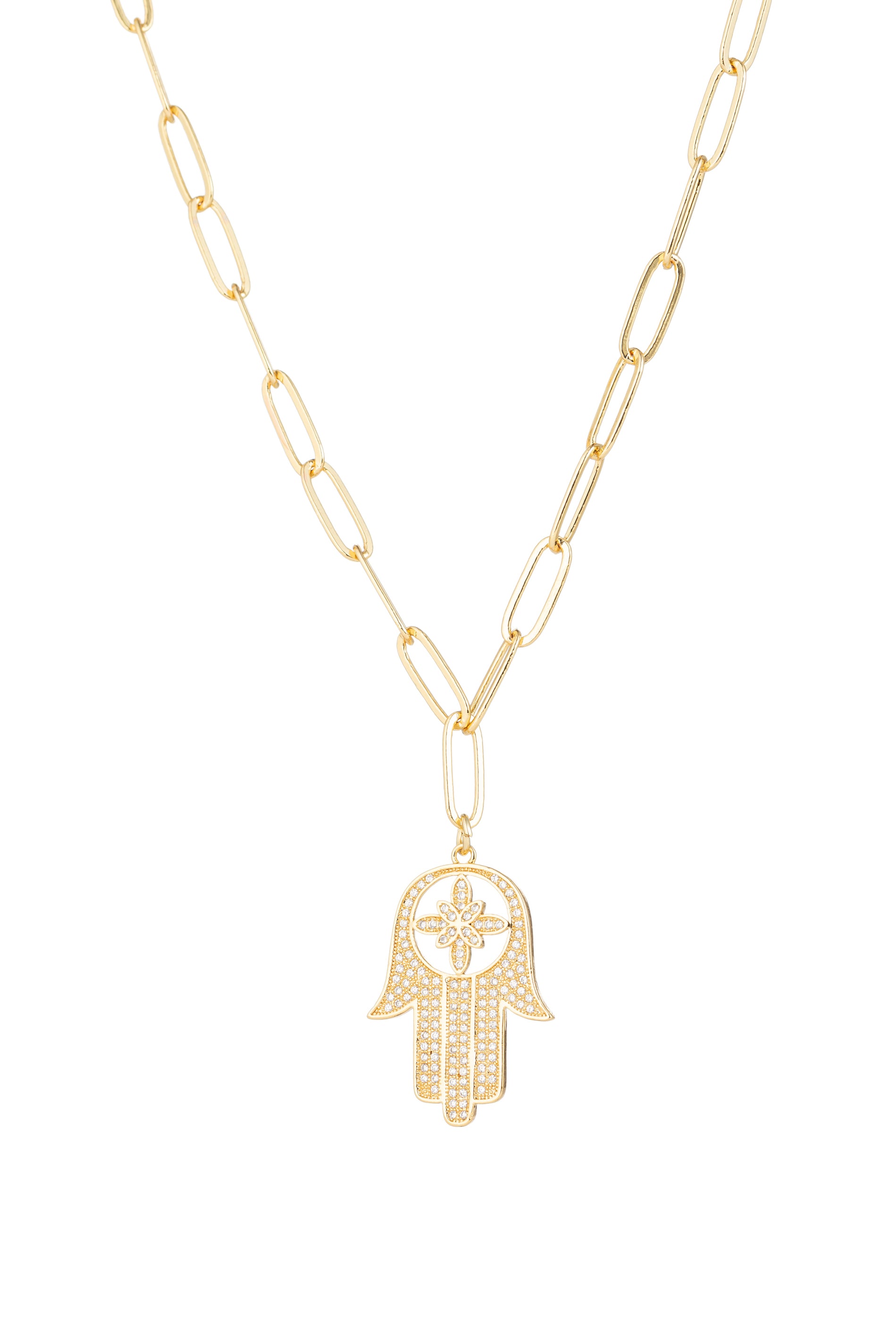 Gold Hamsa Hand chain link necklace with CZ crystals.