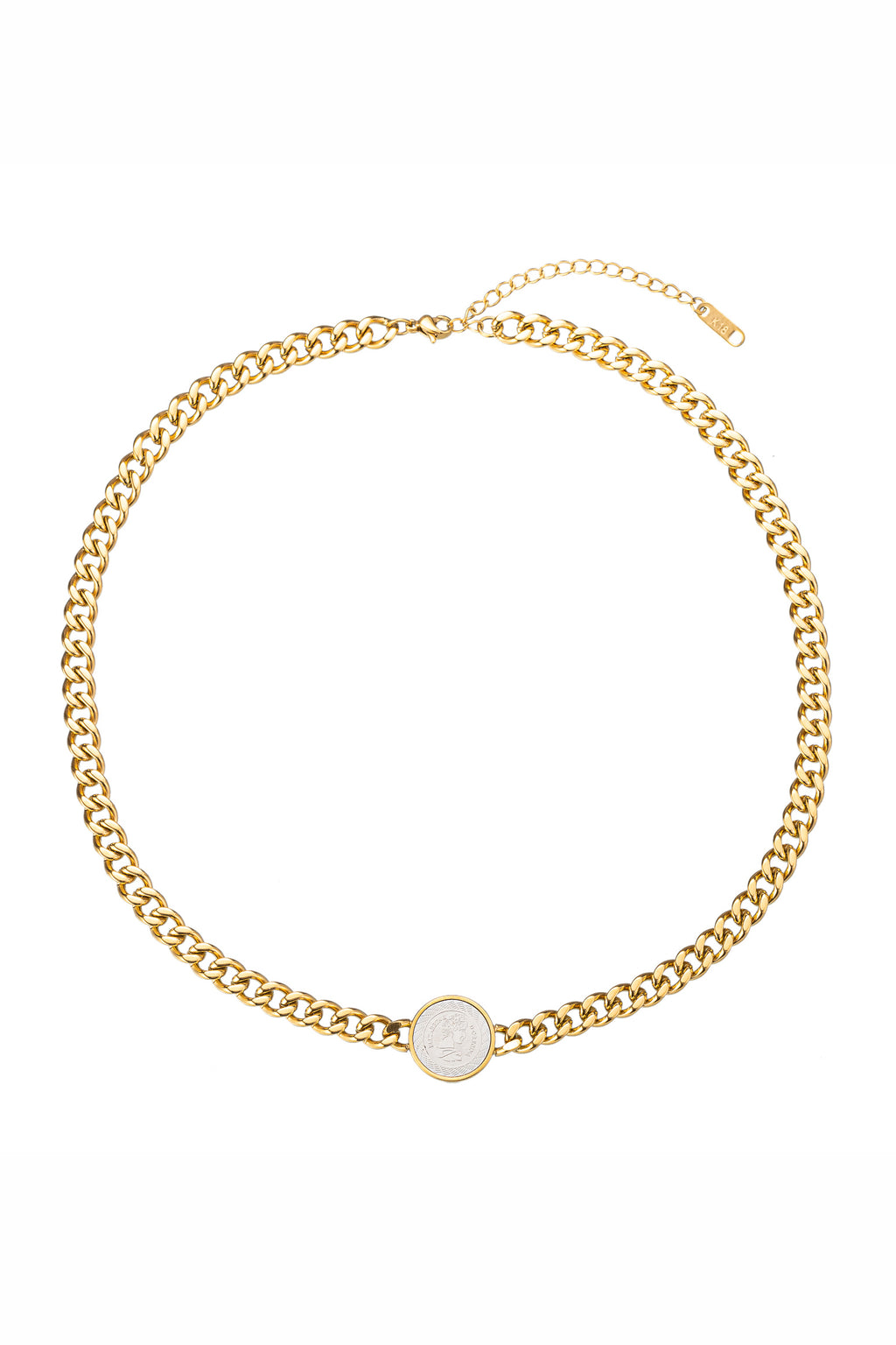 Gold tone titanium necklace with a coin pendant.