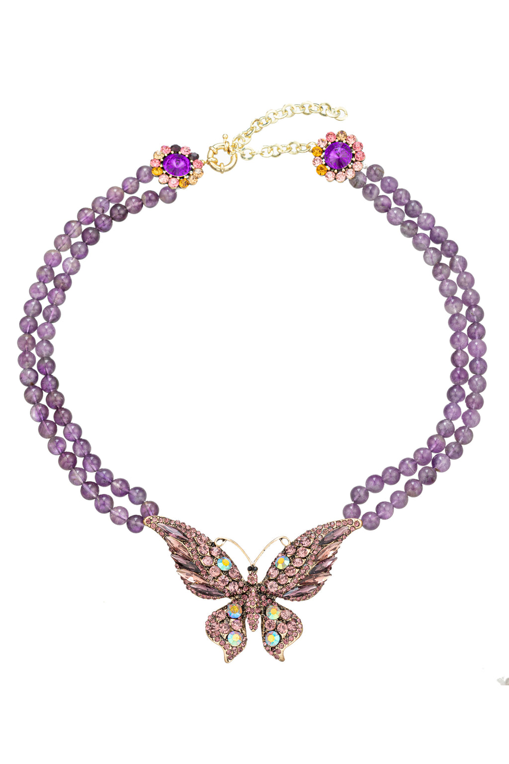 Purple agate beaded statement necklace with a glass crystal butterfly pendant.