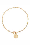 Gold tone brass coin pendant necklace & bracelet set on a paperclip band.