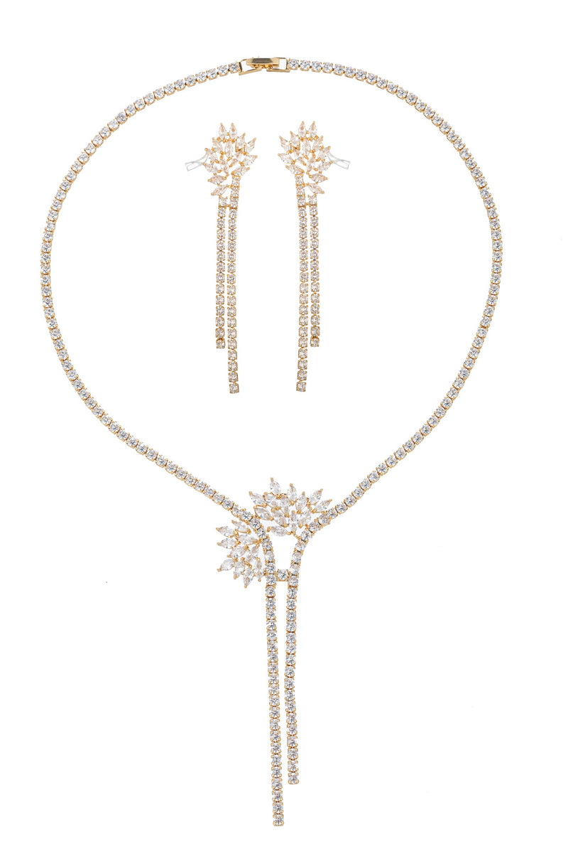 WANG Fashion 18K Gold Plated Crystal Jewelry Set - Necklace & Earrings For Wedding & Party