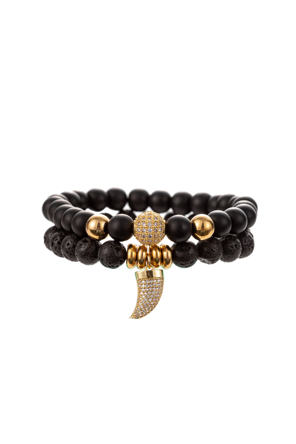 Agate beaded bracelet set with a brass CZ crystal horn charm.