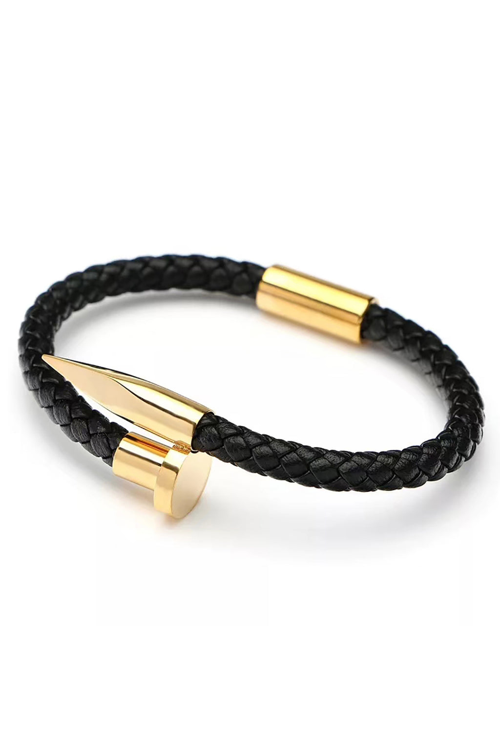Gold spike leather cuff bracelet.