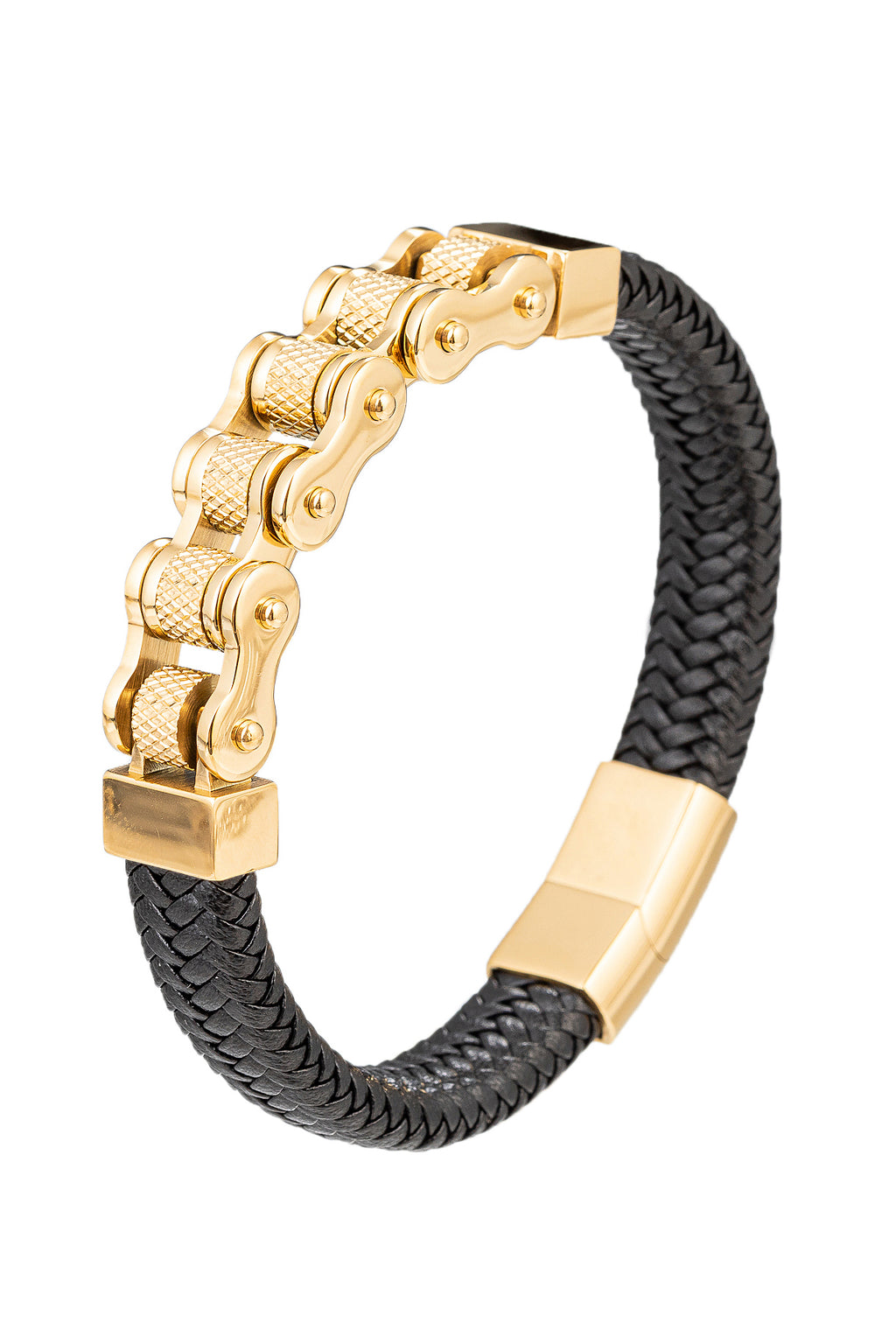 Gold tone titanium bike chain on a authentic black leather bracelet.