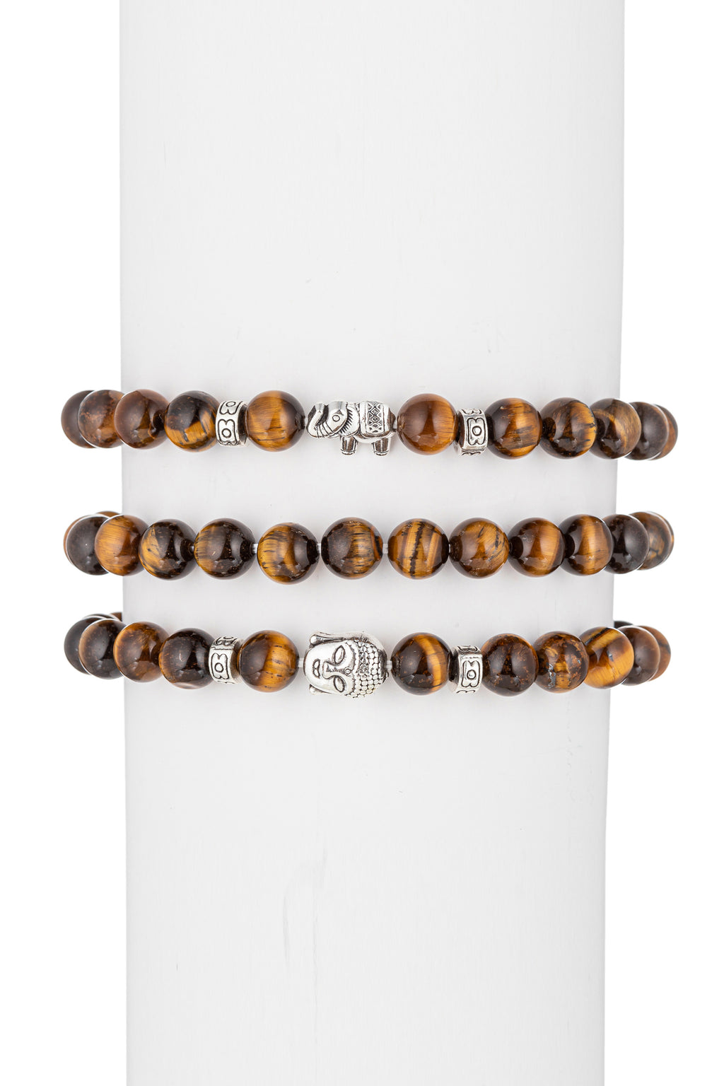 Tiger's eye beaded bracelet with silver charms.