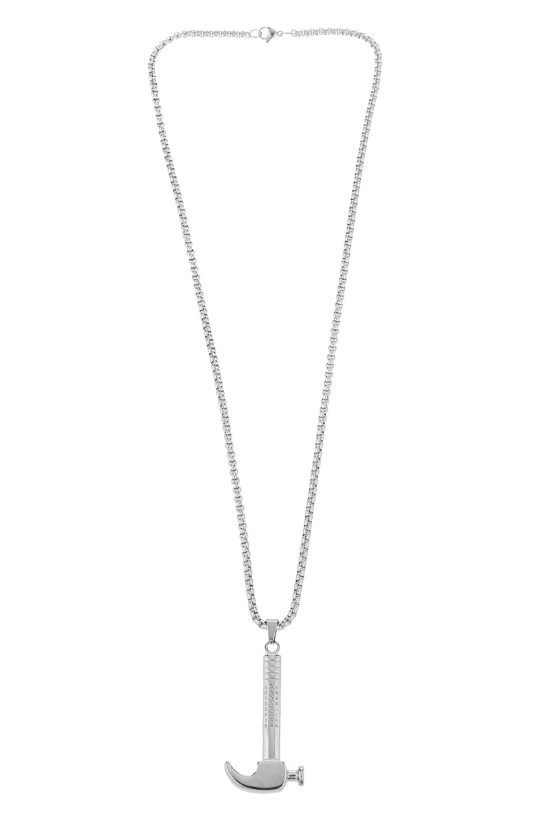 Approximately 14 inch silver chain necklace with lobster clasp and 1 inch silver hammer pendant.