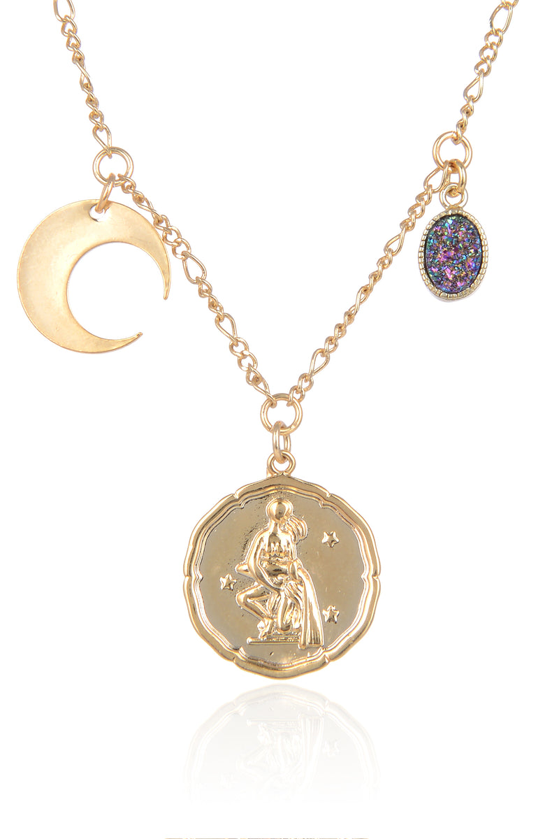 Zodiac Druzy Moon Necklace: Aquarius