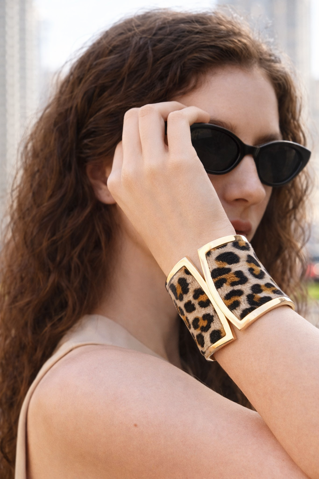 Kessaris Watch Animal Print Faux Fur Cuff Brown Black Hinge Bracelet 6.5\