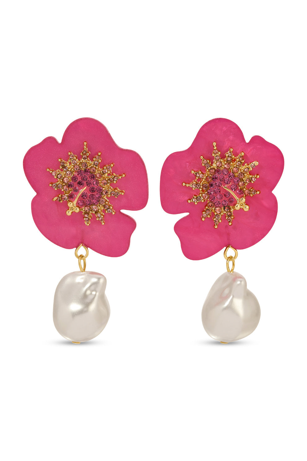 Ruby Flower Pearl Drop Earrings
