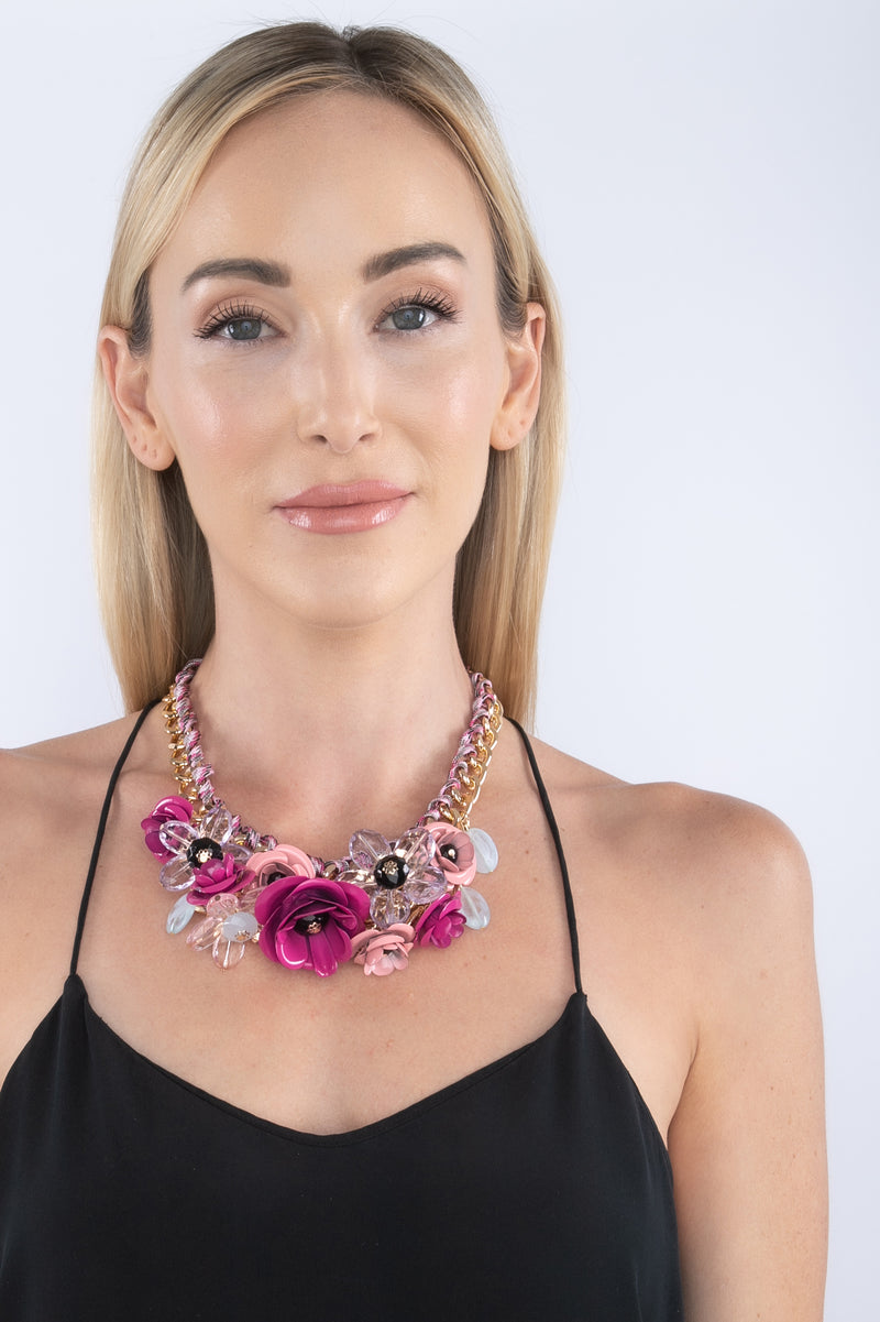 hot pink floral drop bib necklace