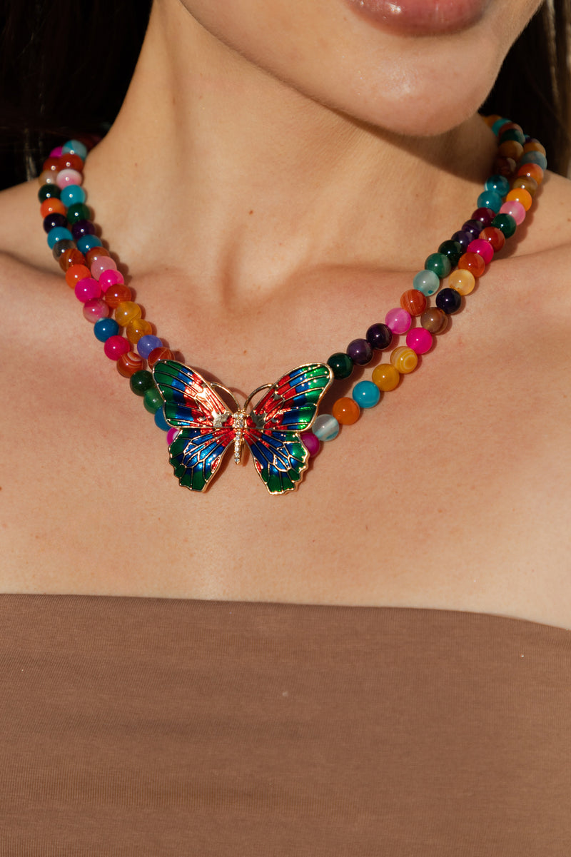 Monarch Rainbow Beaded Butterfly Pendant Necklace