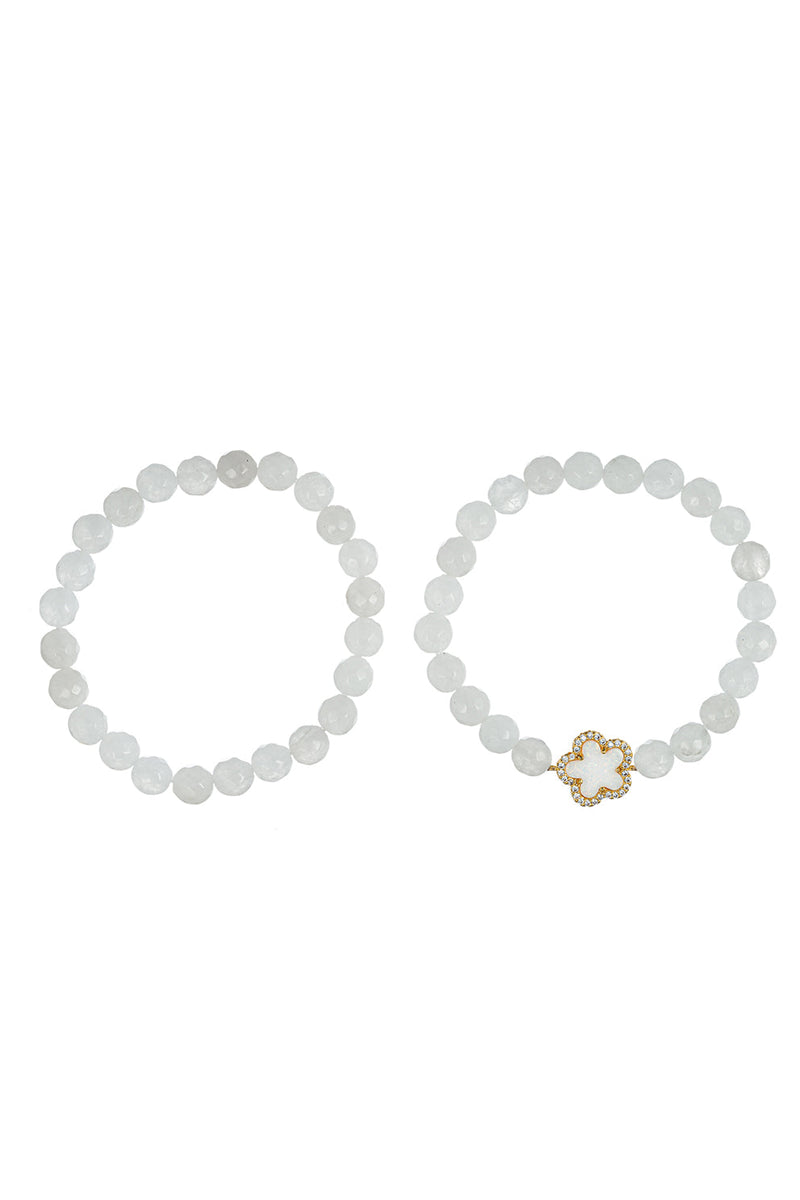 Fleur White Jade 8MM Beaded Stretch Bracelet