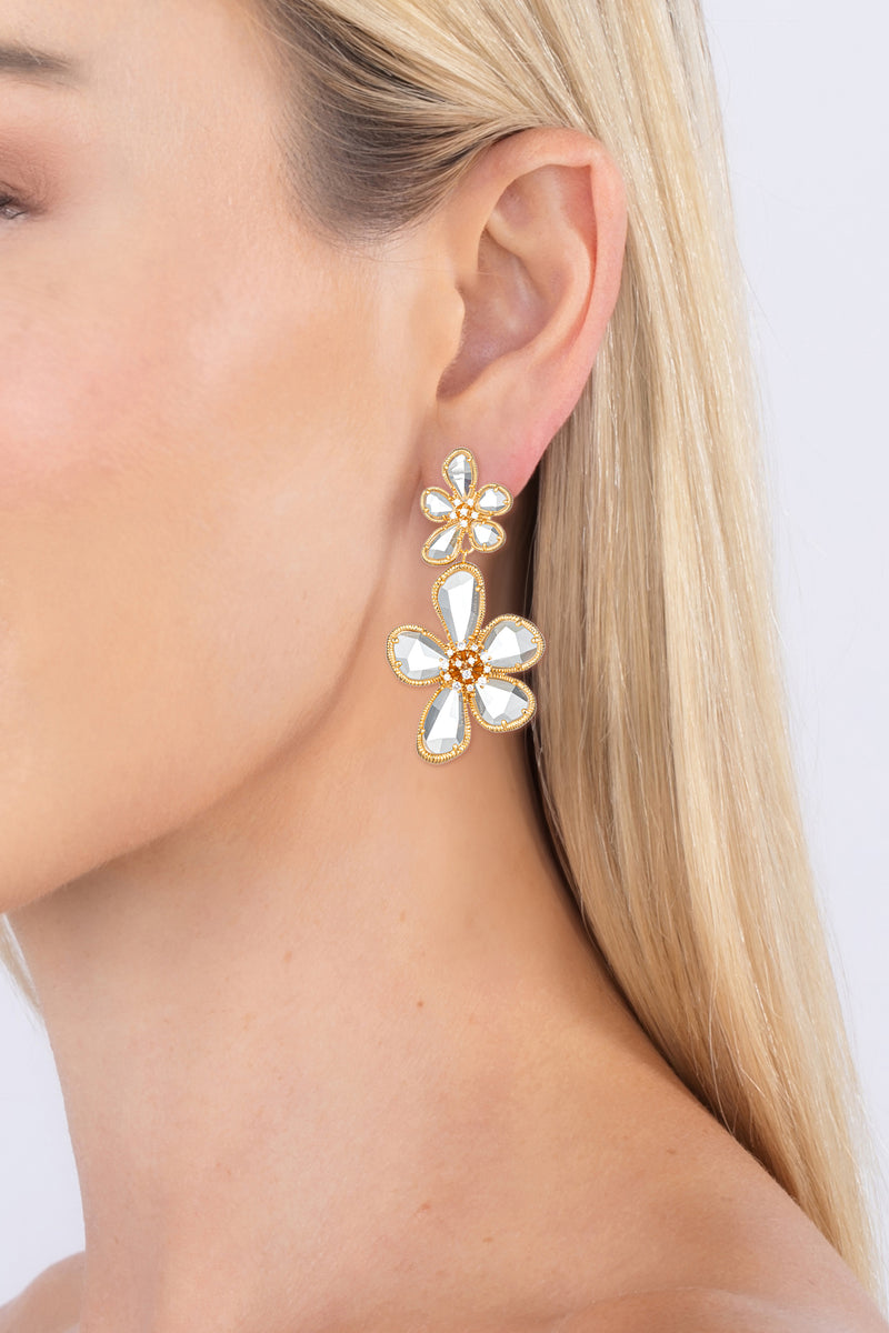 Kolab Double Flower 18K Gold Plated CZ Drop Earrings