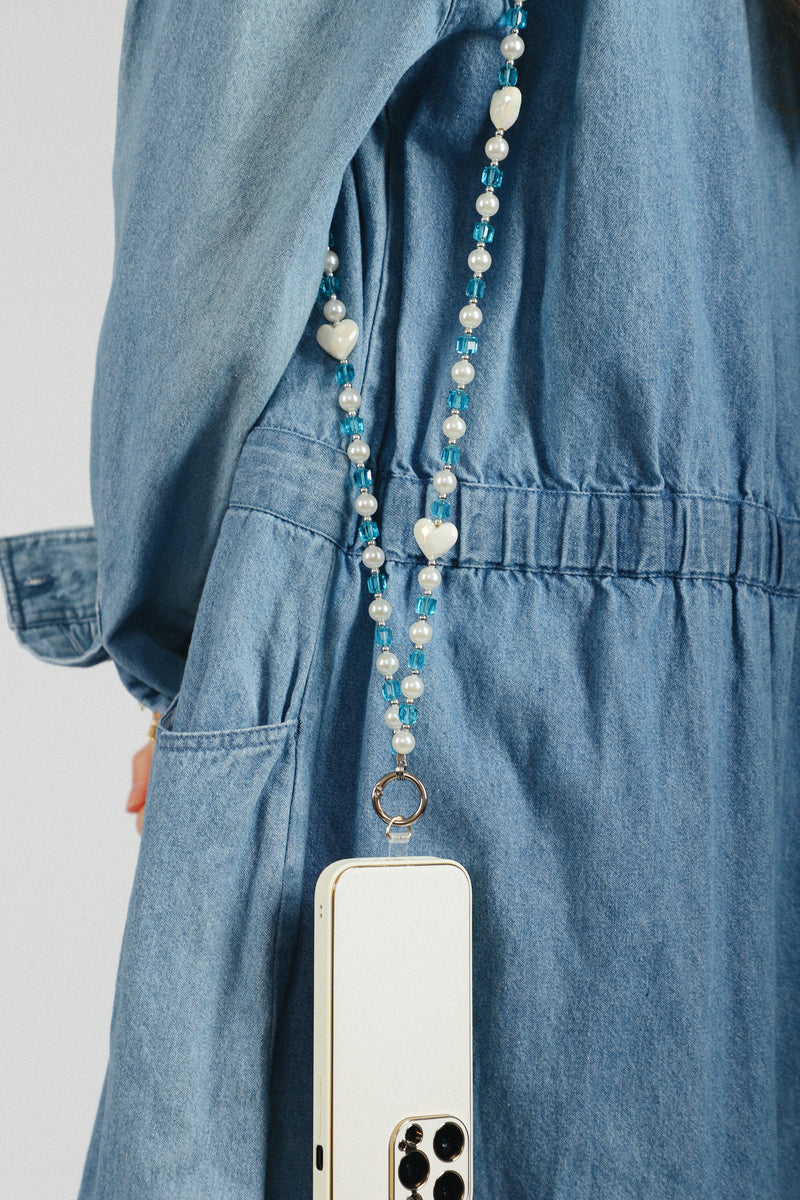 Blue Camila Beaded Heart Crossbody Phone Strap
