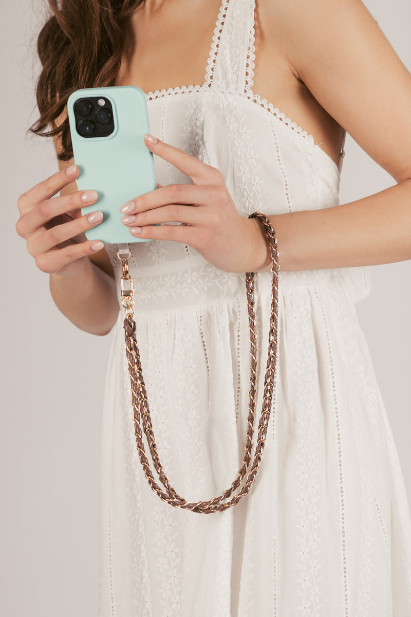 Brown Lydia Woven Link Crossbody Phone Strap