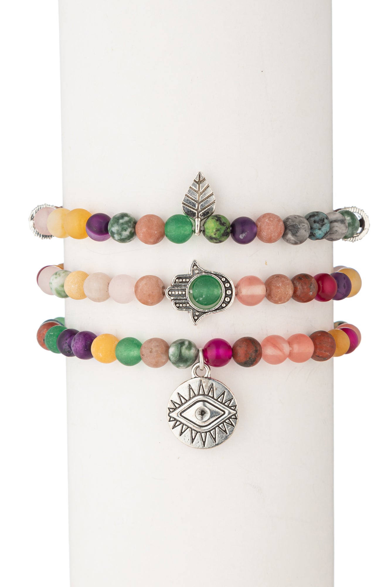 Rainbow Agate Beaded Bracelet, Hamsa, Evil Eye, 3-Piece-Set - Toya
