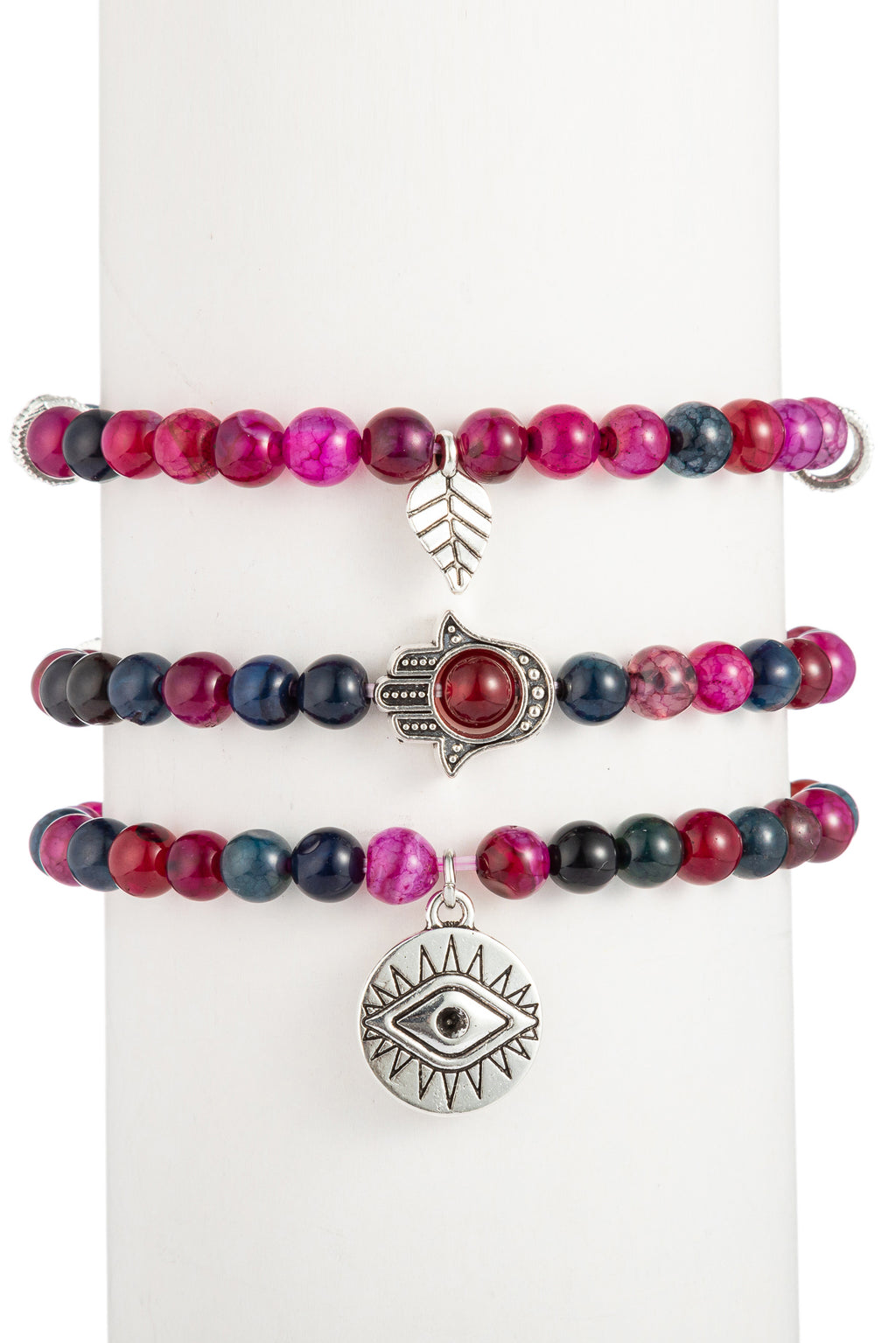 Red Agate Beaded Bracelet, Hamsa, Evil Eye, 3-Piece-Set - Toya
