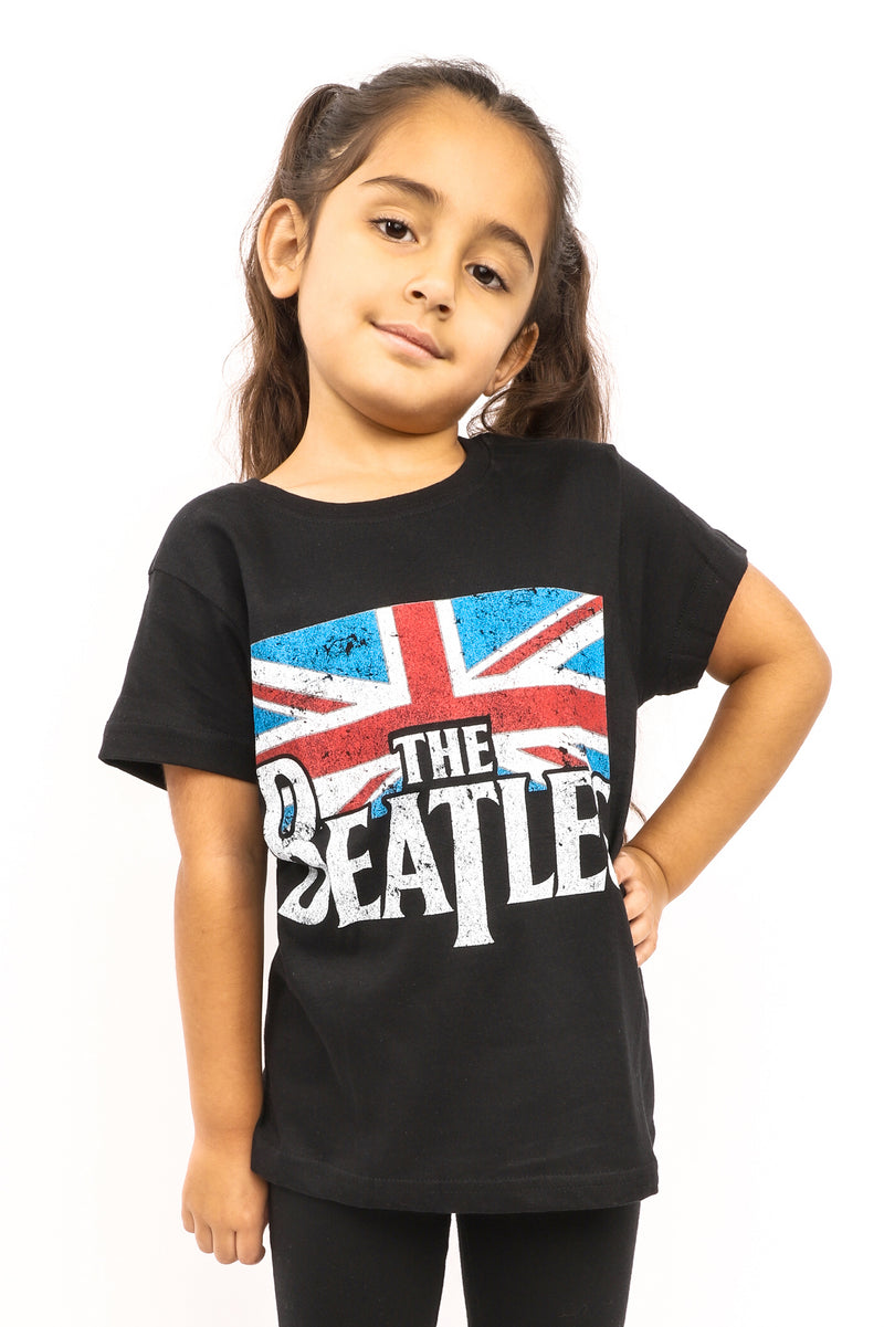 Kid's The Beatles T-Shirt - Logo & Vintage Flag - Black (Boys and Girls)