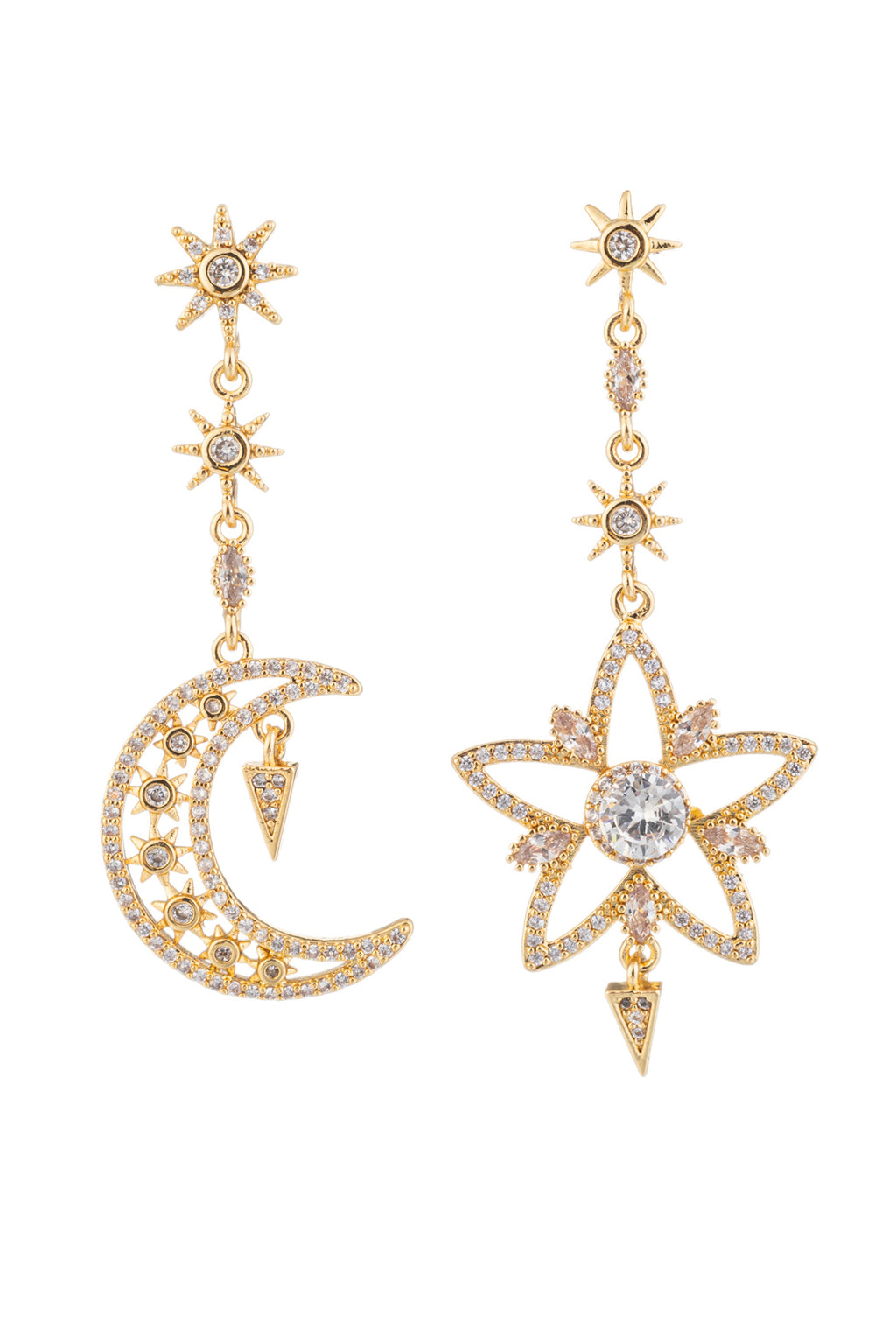 Gold star and crescent moon dangling earrings studded with CZ stones.