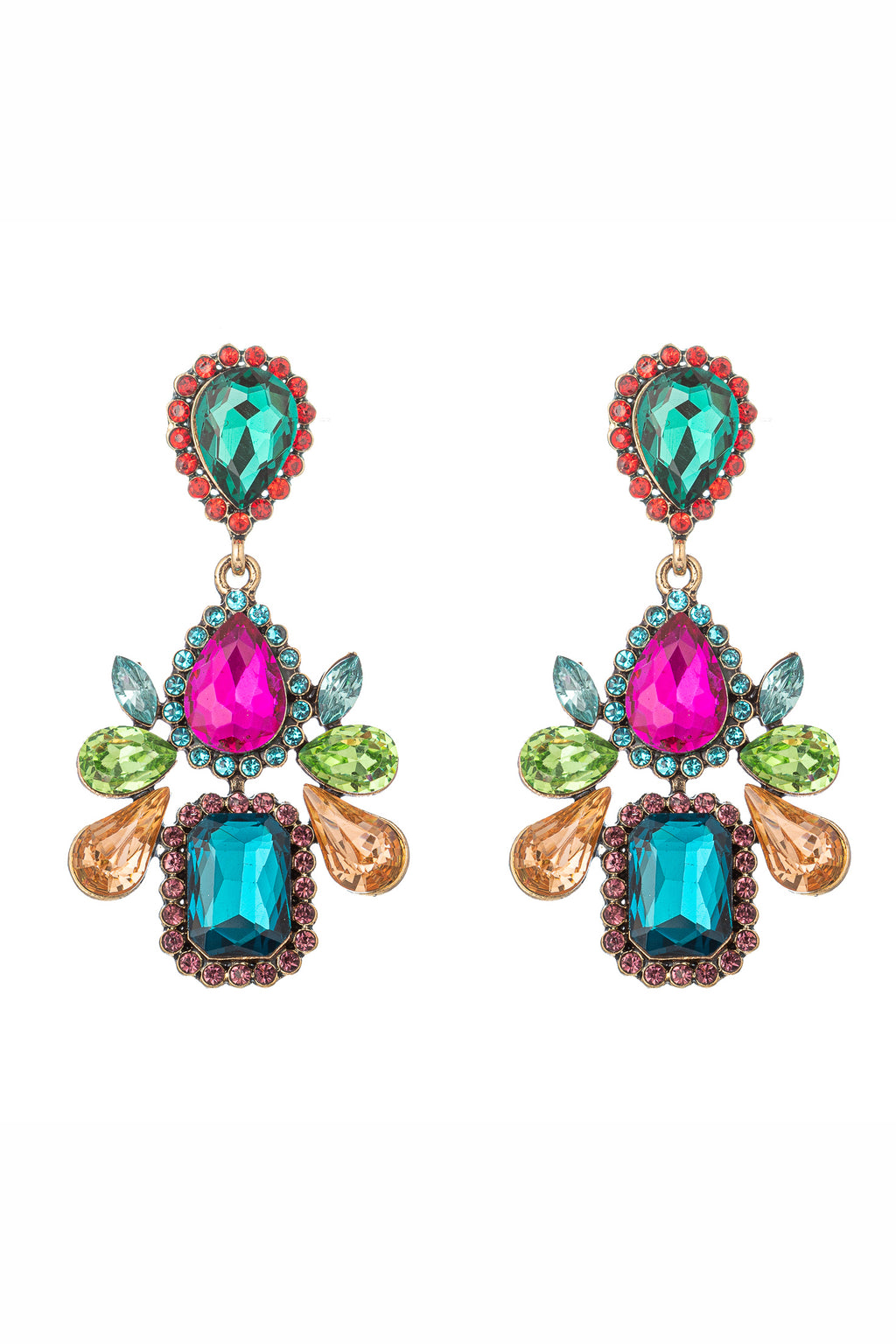 Gold tone alloy dangle statement earrings with multicolored glass crystals.