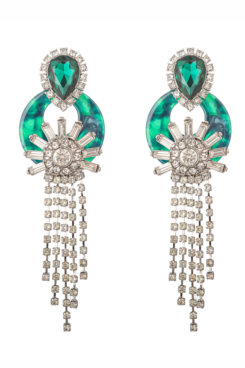 Silver tone alloy statement earrings with green hoops and connected glass crystals frills.